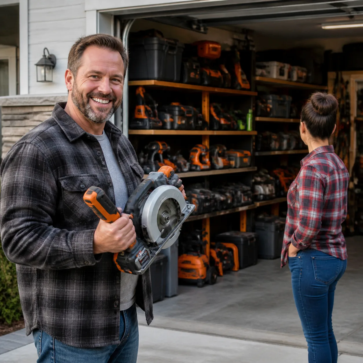 Cozy realistic lifestyle photo of a husband proudly holding a new power tool while his wife looks at the open garage fil