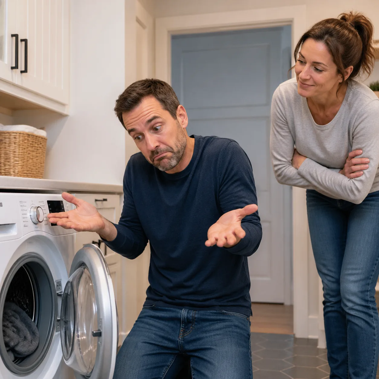 Funny realistic lifestyle photo of a husband shrugging helplessly at a washing machine while his wife smiles knowingly n