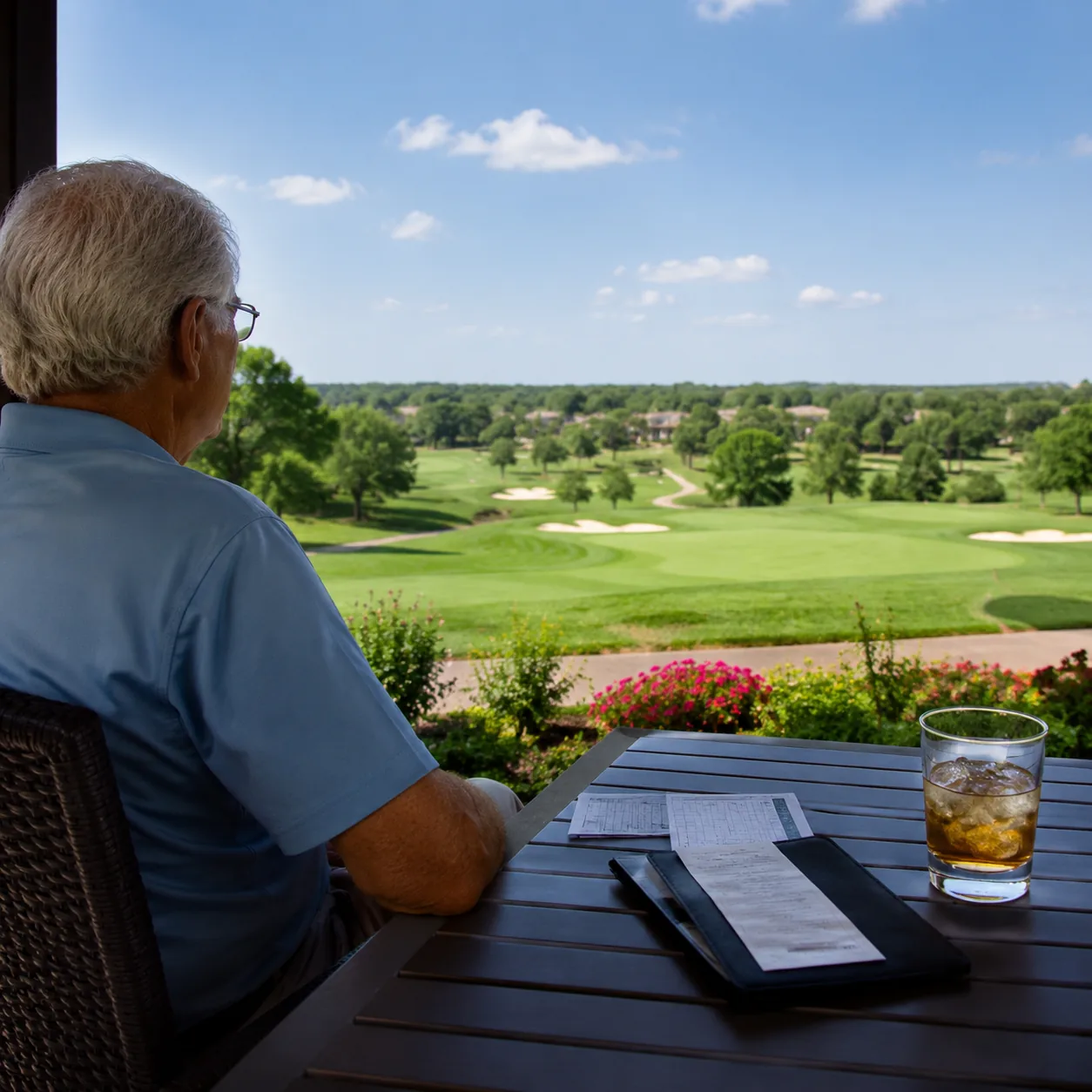 older retiree looking across golf course from patio with bill and scorecard on table, realistic editorial lifestyle phot