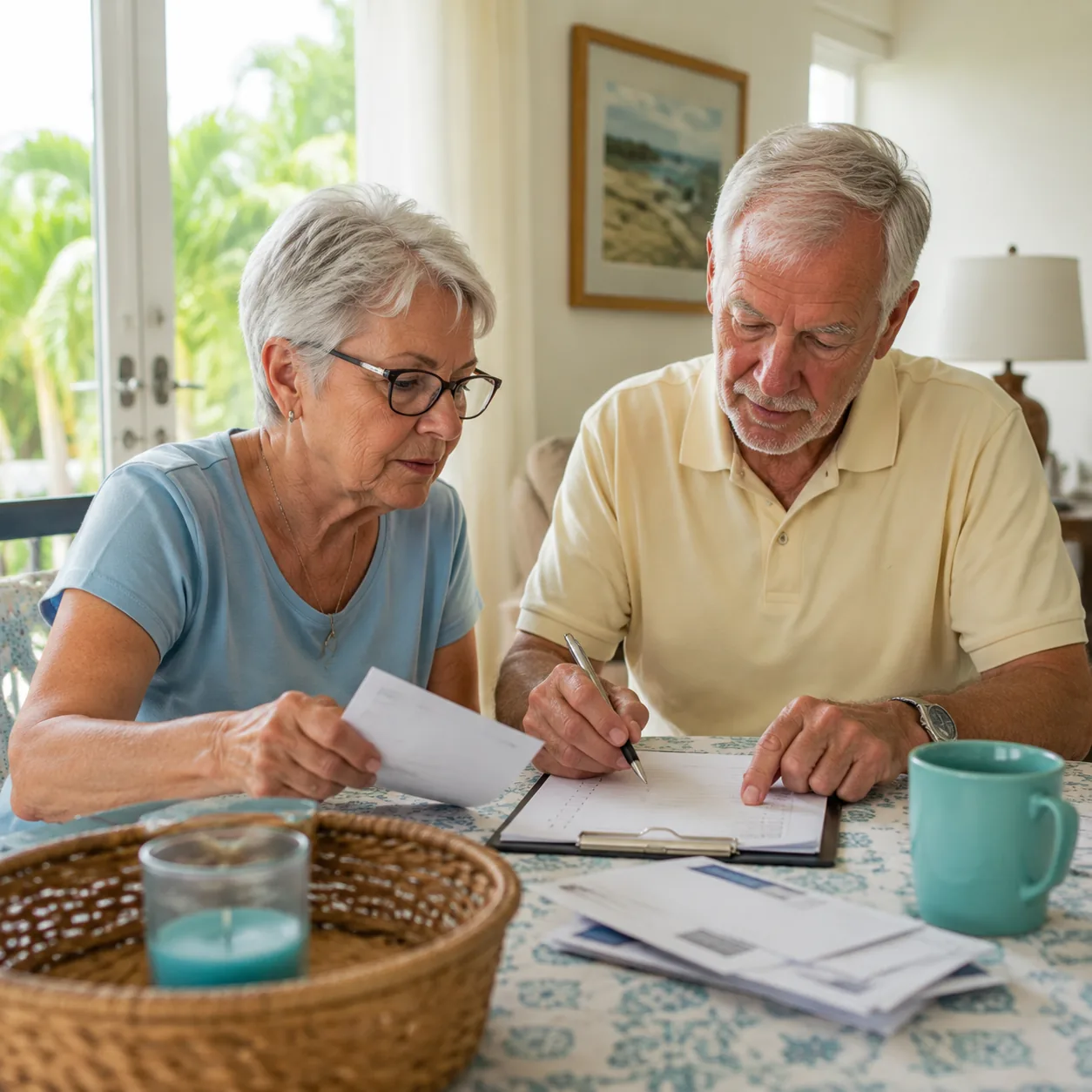 older snowbird couple organizing mail and home watch checklist before leaving Florida home, realistic editorial lifestyl