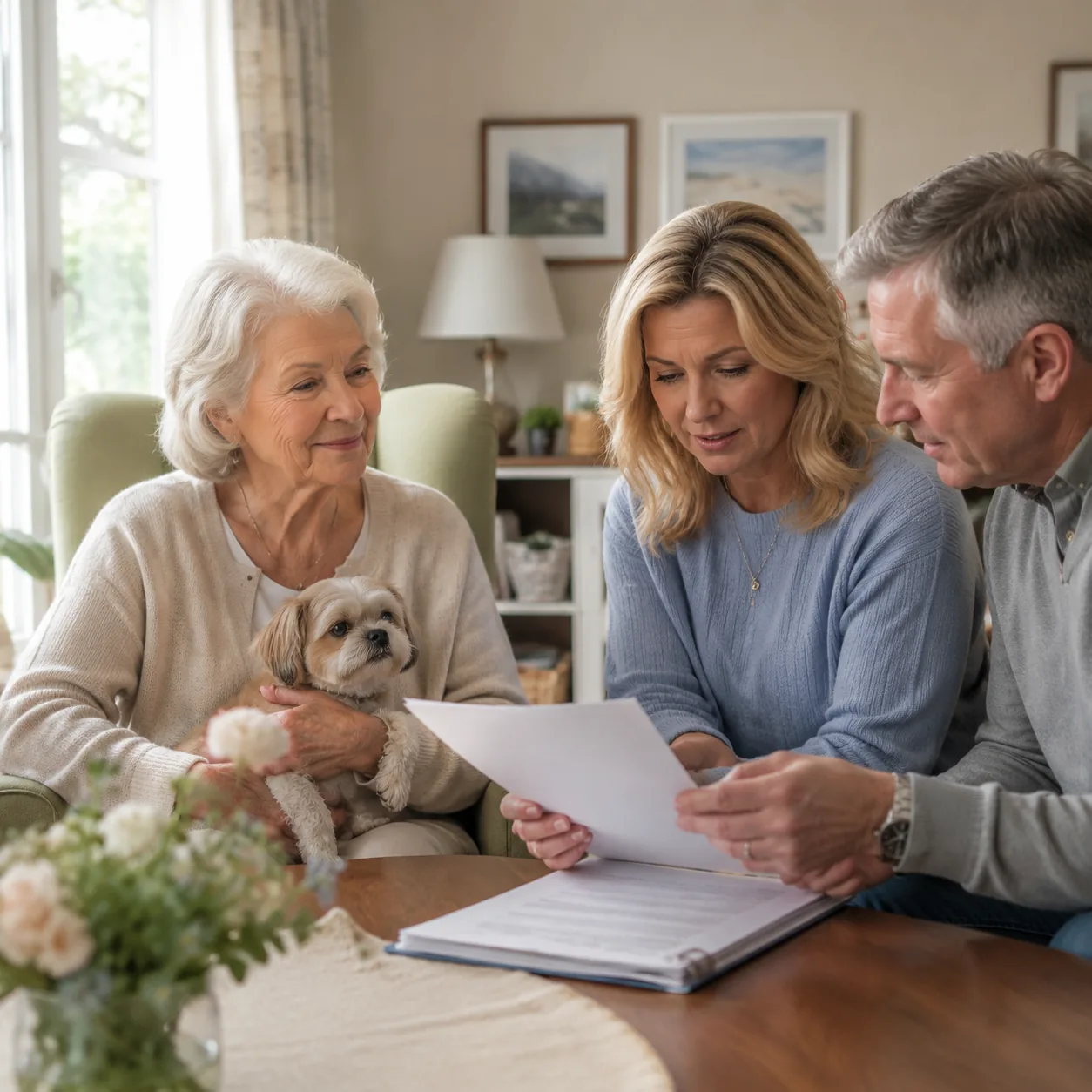 older woman with small dog in assisted living apartment while family reviews pet policy, realistic editorial lifestyle p