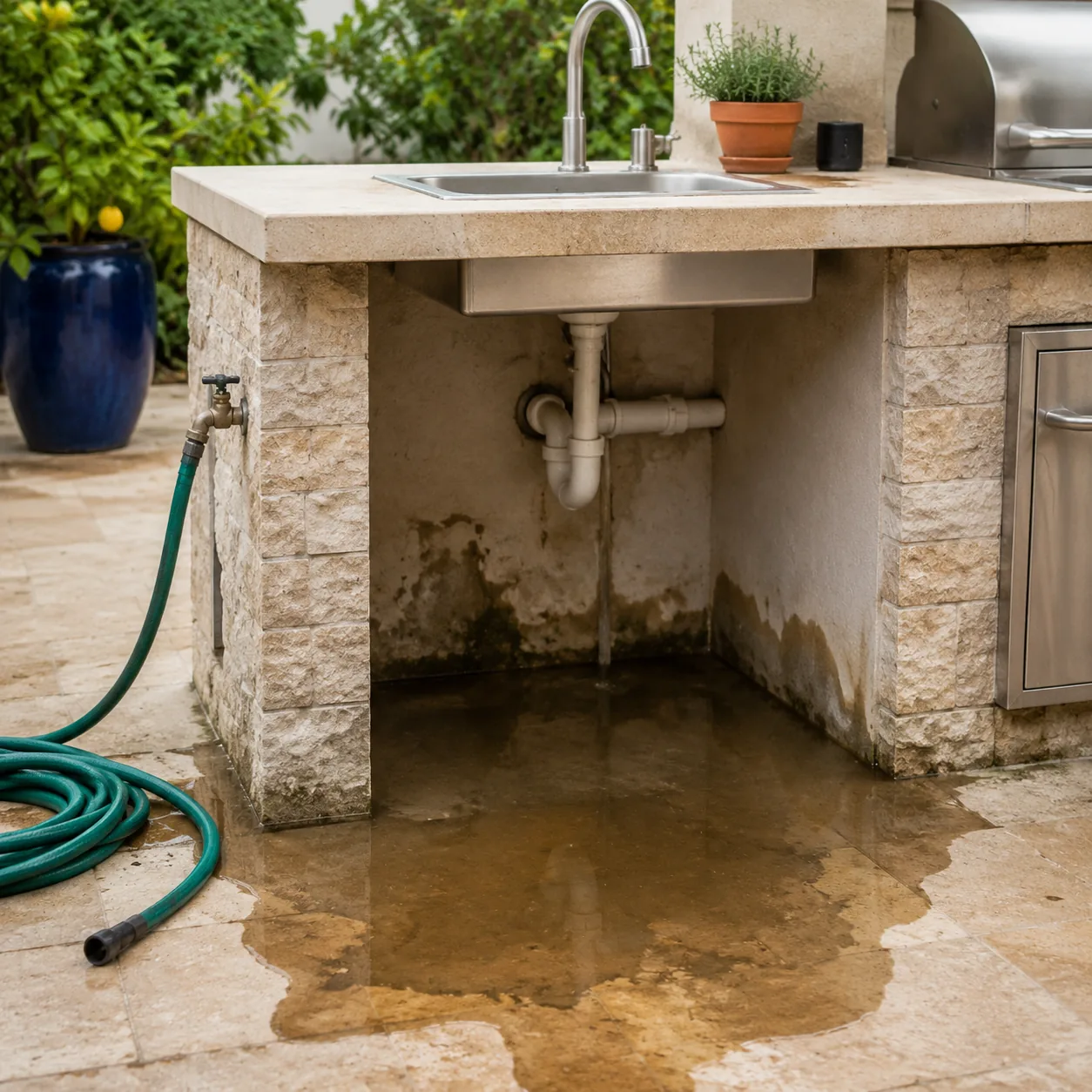 Realistic editorial outdoor kitchen sink with water pooling underneath because of poor drainage, patio counter, garden h