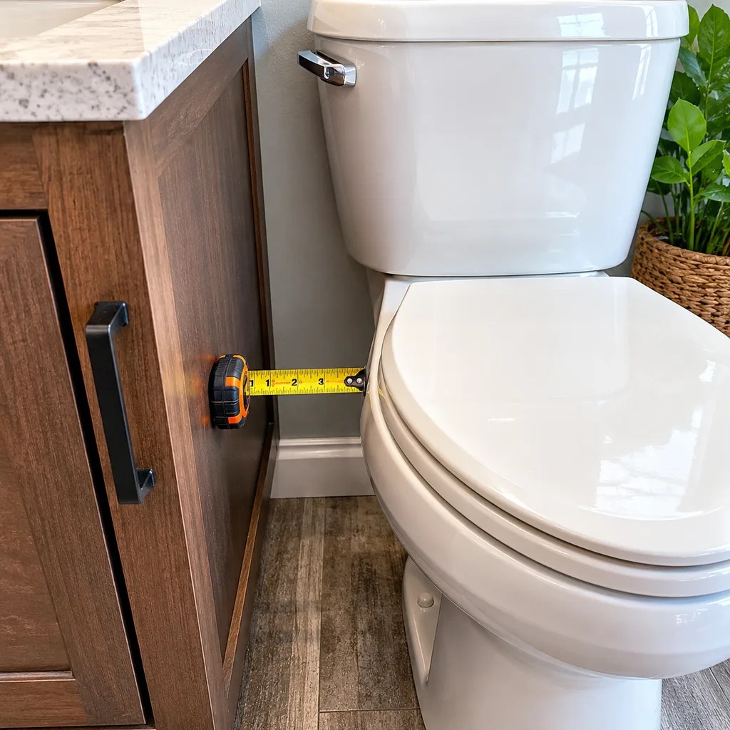 Realistic editorial photo of a bathroom toilet installed too close to a vanity cabinet with a tape measure showing cramped clearance, daylight