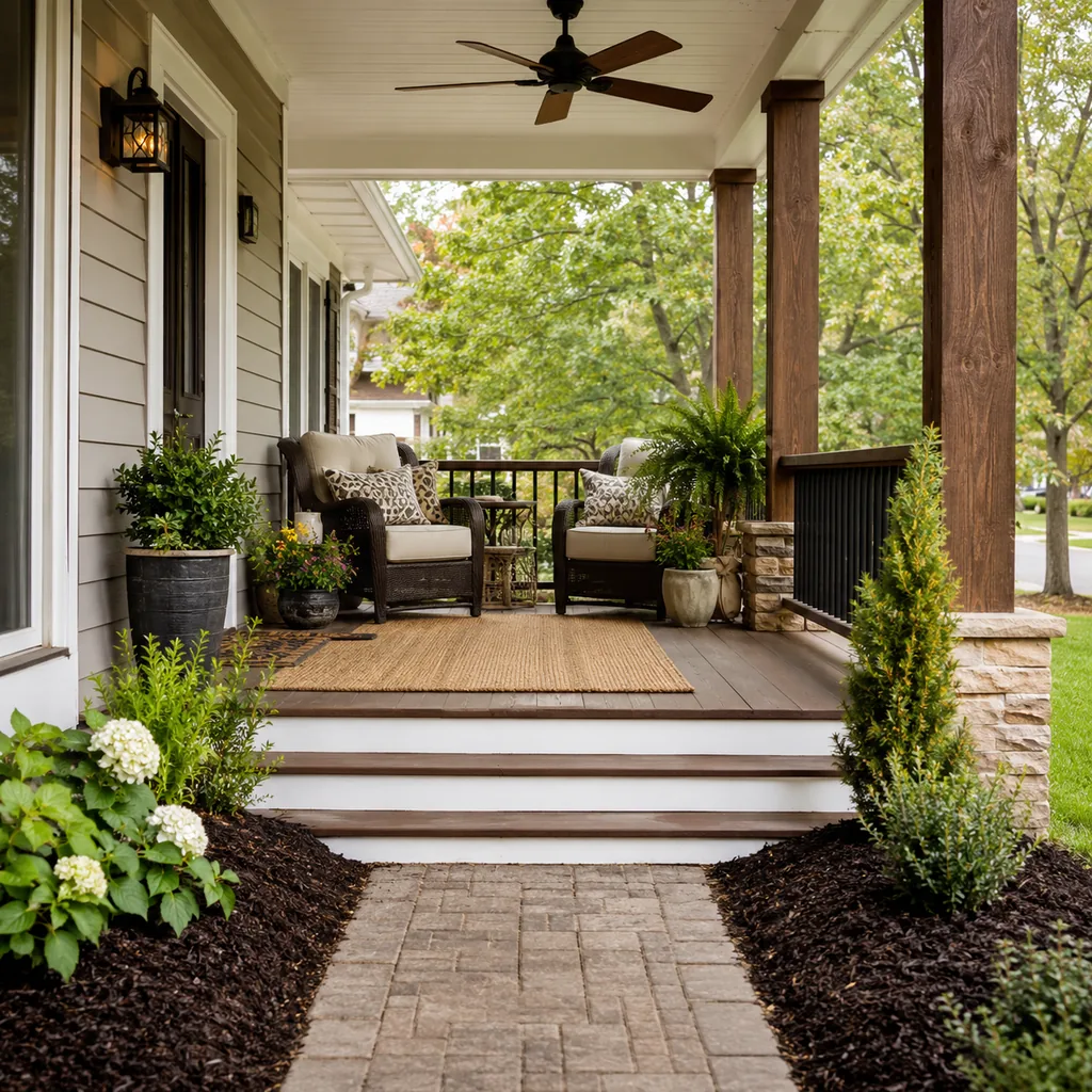 Realistic editorial photo of a covered porch with chairs, ceiling fan, plants, side tables, rug, and outdoor living details showing fresh mulch around the appro