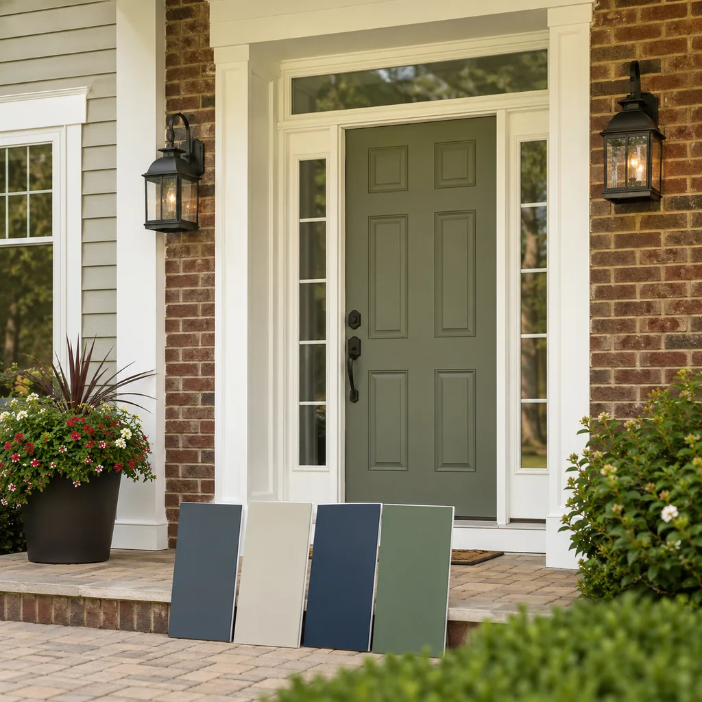 Realistic editorial photo of a front entry with door paint samples, brick, siding, plants, and trim showing exterior paint ignoring the roof color