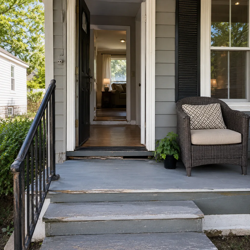 Realistic editorial photo of a front porch prepared for a home showing with steps, door, railings, seating, and curb appeal issues showing uneven floors near ro