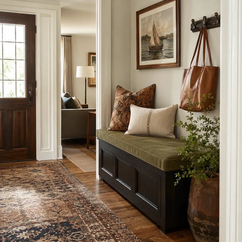 Realistic editorial photo of a home interior with vintage decor, modern furniture, warm wood, patterned accents, and layered lighting showing bench that adds st