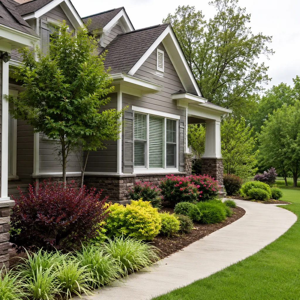 Realistic editorial photo of a landscaped American front yard with lawn, shrubs, mulch beds, trees, walkway, and house exterior showing color palette fighting t
