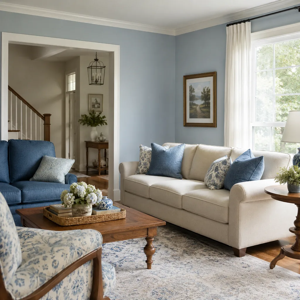 Realistic editorial photo of a living room with sofas in different upholstery colors, pillows, wall paint, and daylight showing soft blue that needs warm wood