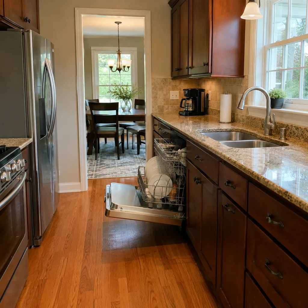 Realistic editorial photo of a realistic American kitchen with sink, cabinets, appliances, counters, and inspection details showing dishwasher door blocking the