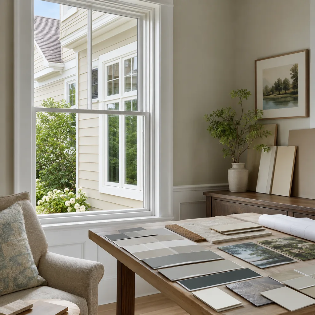 Realistic editorial photo of a room with paint swatches, sample boards, wall colors, trim, furniture, and daylight showing pure white exterior trim on cream sid
