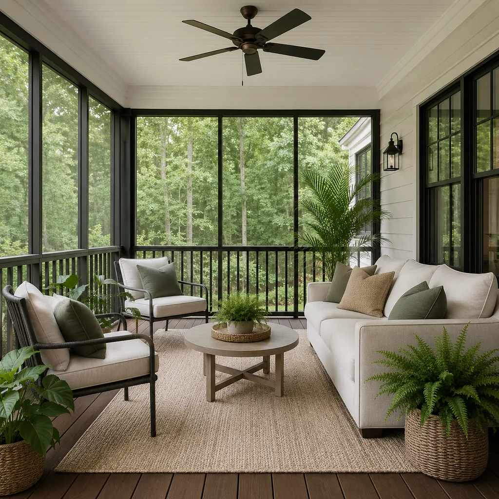 Realistic editorial photo of a screened porch with sofa, chairs, rug, plants, ceiling fan, screens, and soft daylight showing welcome area that does not feel cr