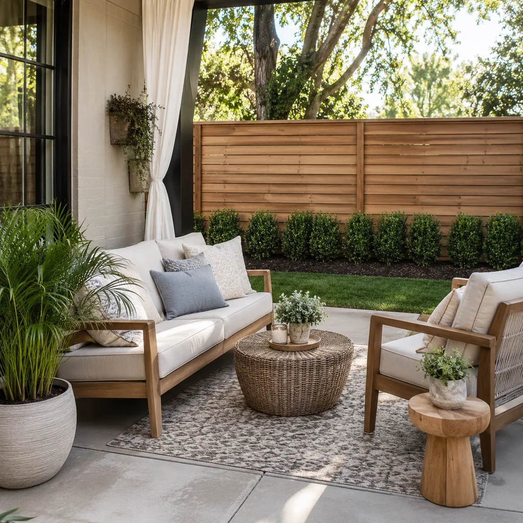 Realistic editorial photo of a small patio with compact seating, outdoor rug, plants, side table, curtains, and privacy screen showing foundation plants all the