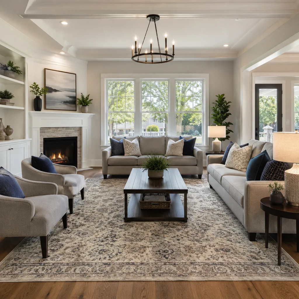 Realistic editorial photo of a staged American living room with sofa, rug, windows, lighting, and buyer-facing details showing rug large enough to anchor the fu