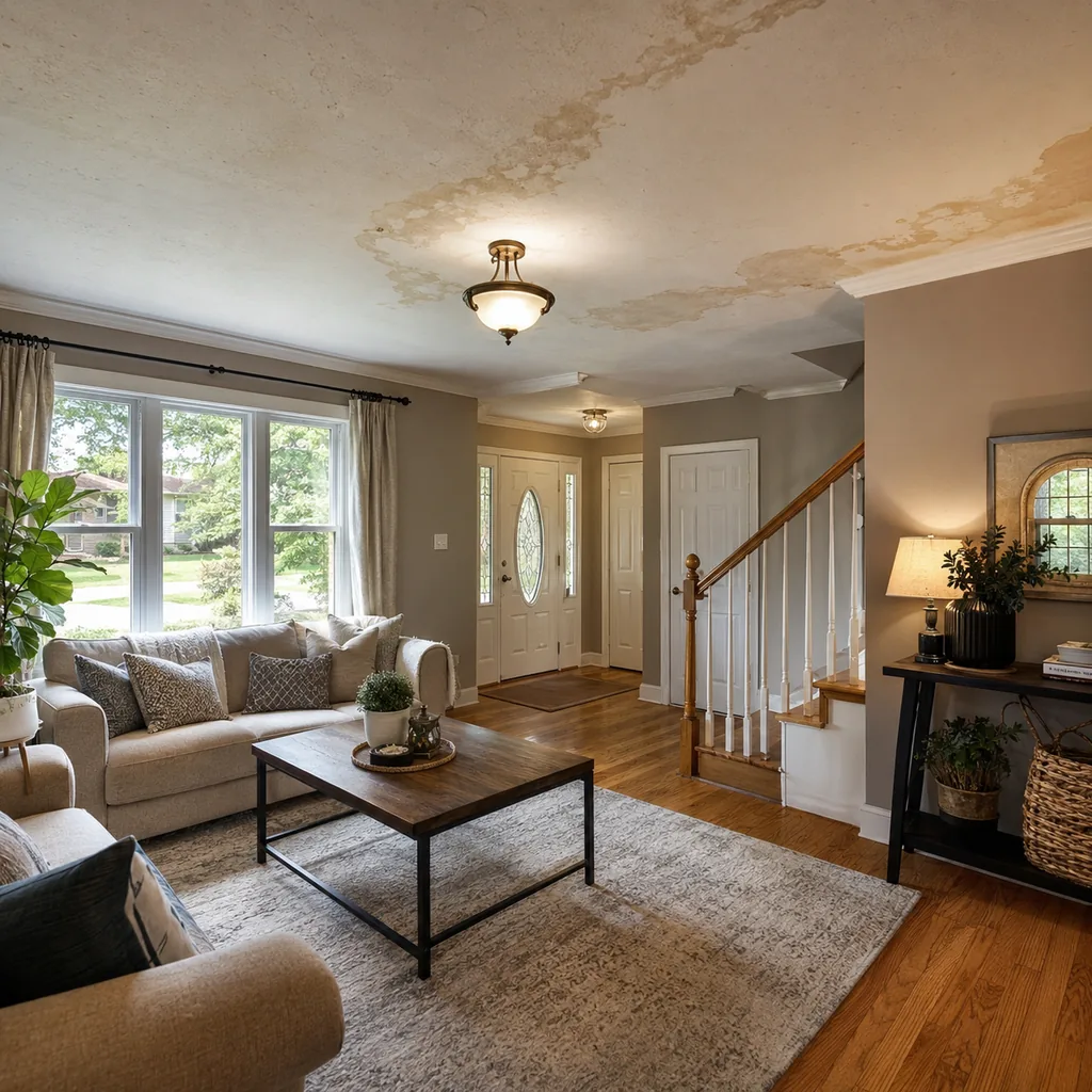 Realistic editorial photo of a staged home interior with living room, entry, lighting, furniture placement, and listing-photo details showing water stains aroun