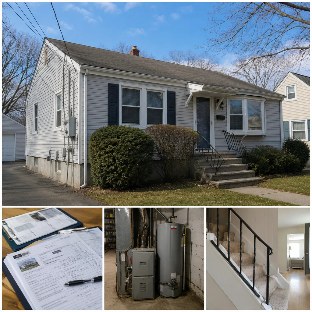 Realistic editorial photo of a suburban American home with appraisal paperwork, exterior details, utilities, and interior repair clues showing loose railings on