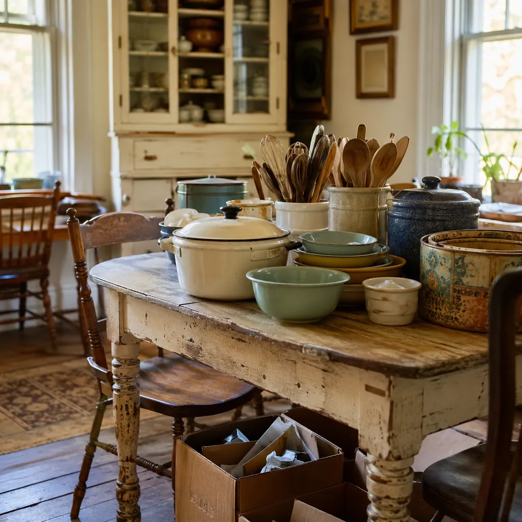 Realistic editorial photo of a vintage kitchen table with bowls, enamel cookware, utensils, tins, and warm window light showing estate sale boxes under tables