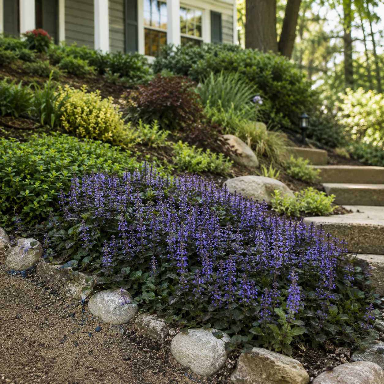 Realistic editorial photo of Ajuga in contained areas growing in sloped front yard planted with controlled ground covers