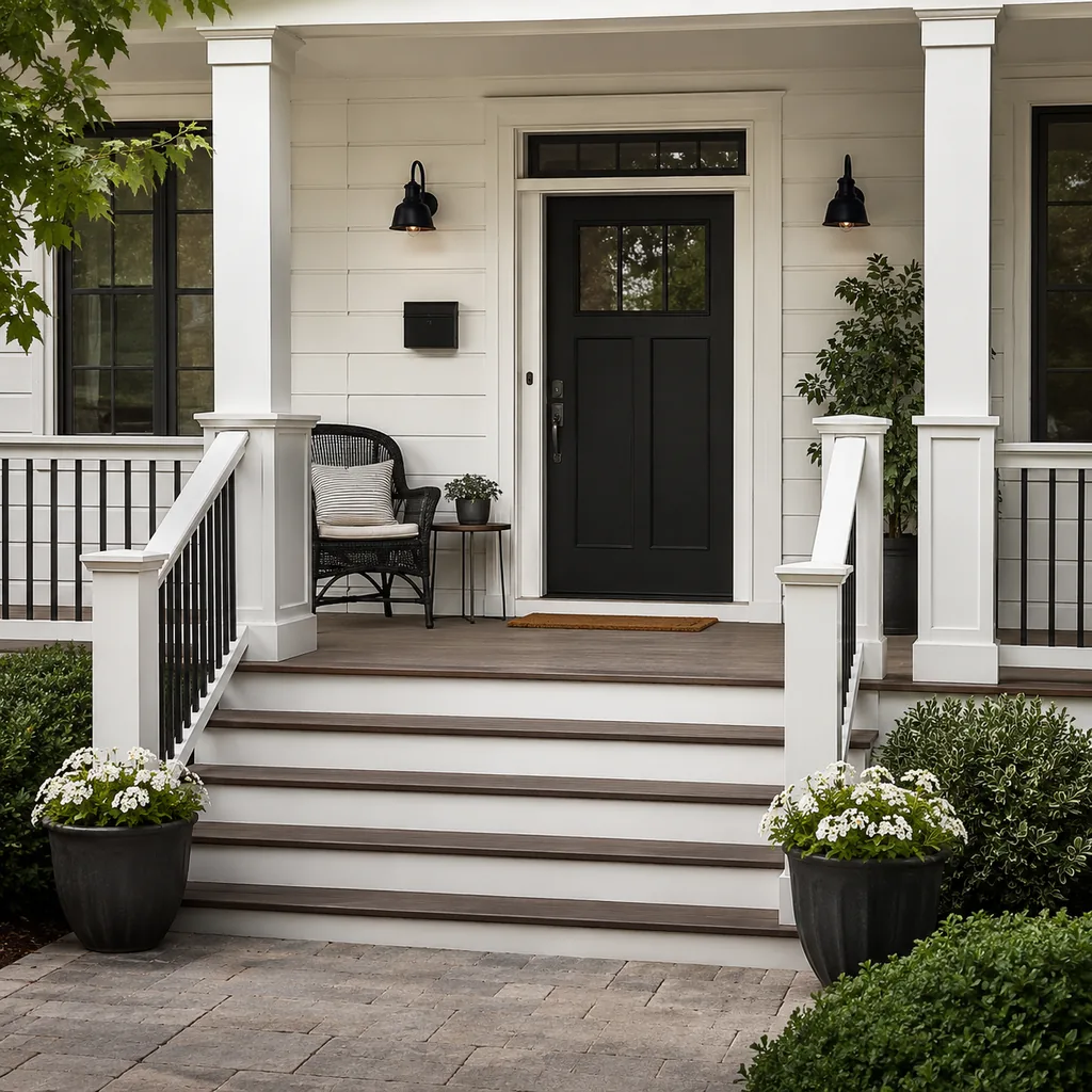 Realistic editorial photo of an American front porch with siding, steps, planters, seating, and a visible front door showing railings that feel proportional