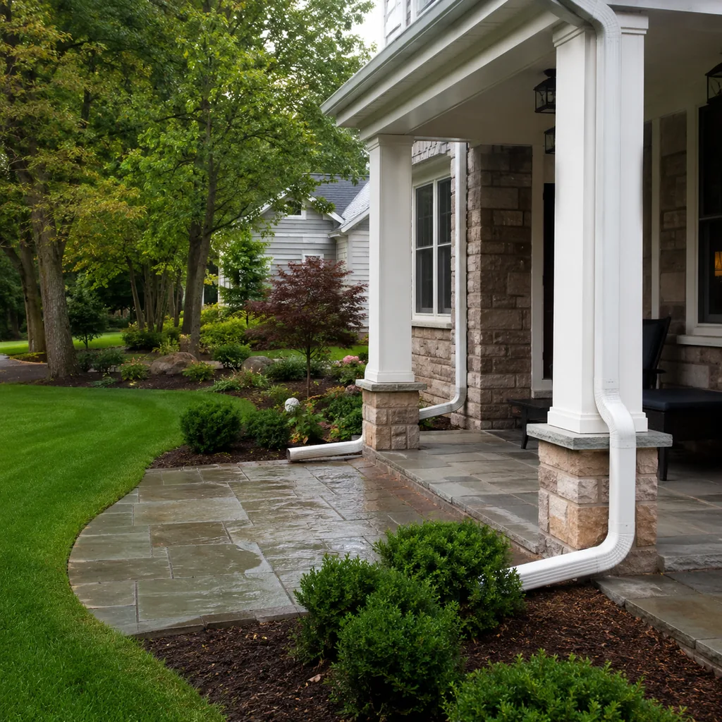 Realistic editorial photo of an American front yard with lawn, shrubs, walkway, mulch beds, trees, and a front porch showing downspouts dumping onto the patio