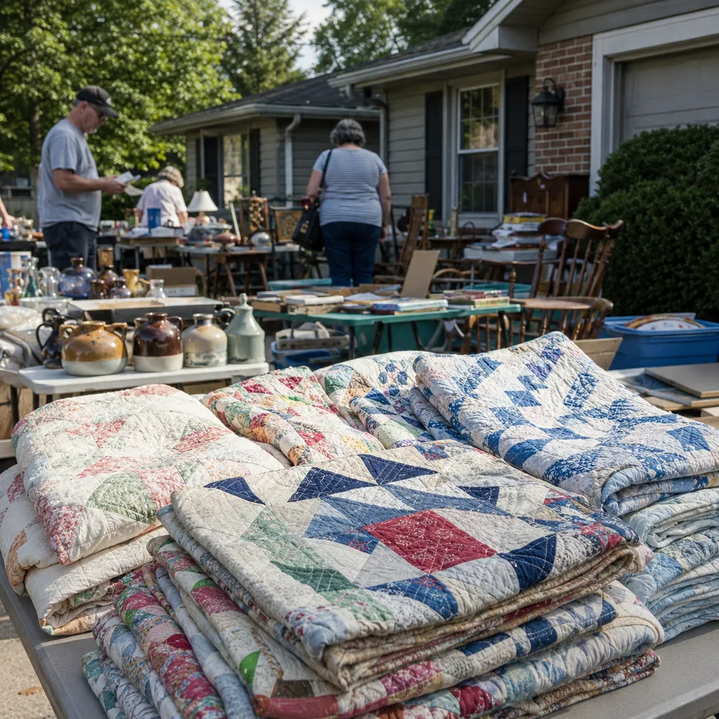 Realistic editorial photo of an American garage sale with folding tables, boxes, old kitchen items, furniture, and collectibles showing quilts with careful hand