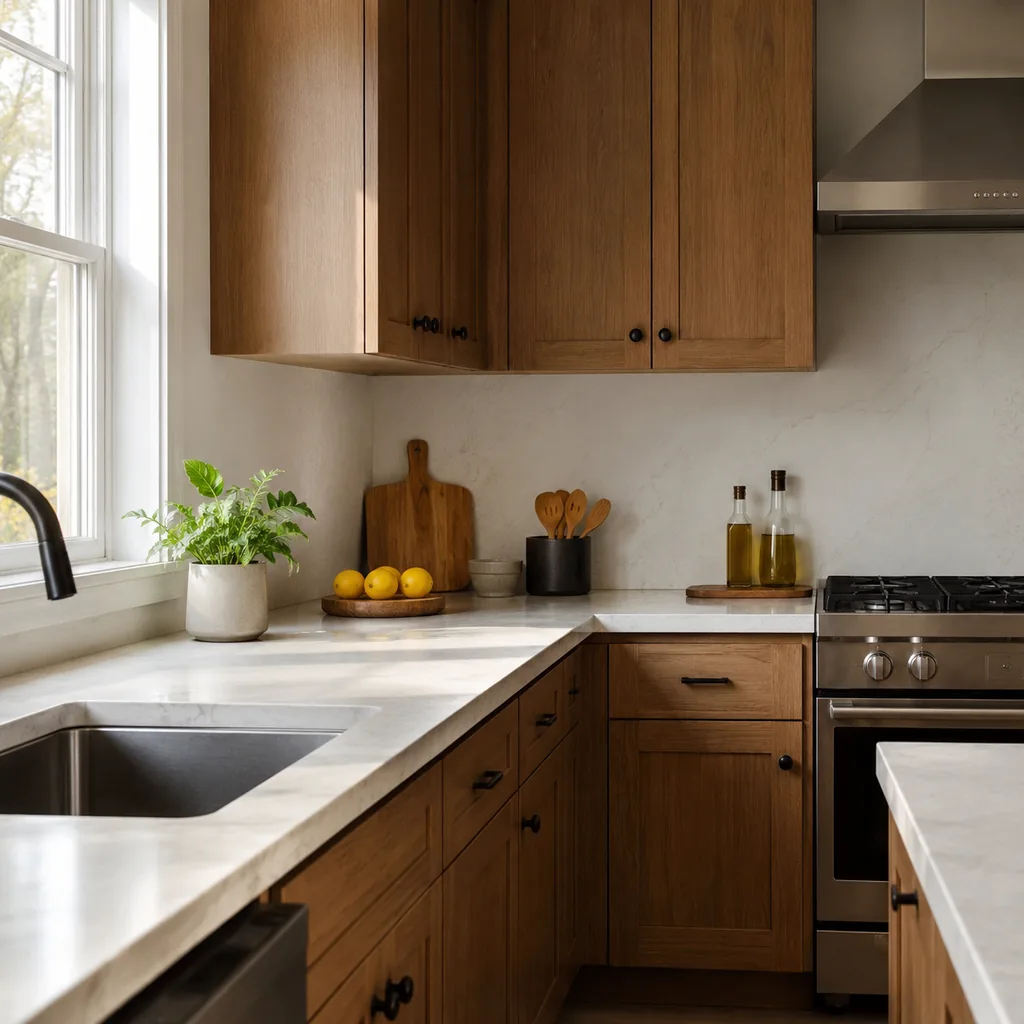 Realistic editorial photo of an American home lighting showing skipping under-cabinet kitchen lighting