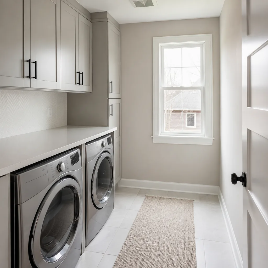 Realistic editorial photo of an American laundry room showing leaving no landing spot for baskets