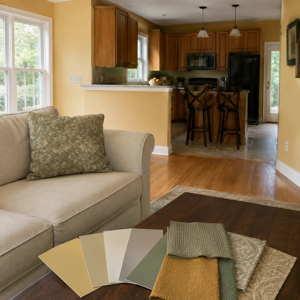Realistic editorial photo of an American living room with paint swatches, sofa fabric, wall colors, and natural light showing tuscan gold making a kitchen feel 