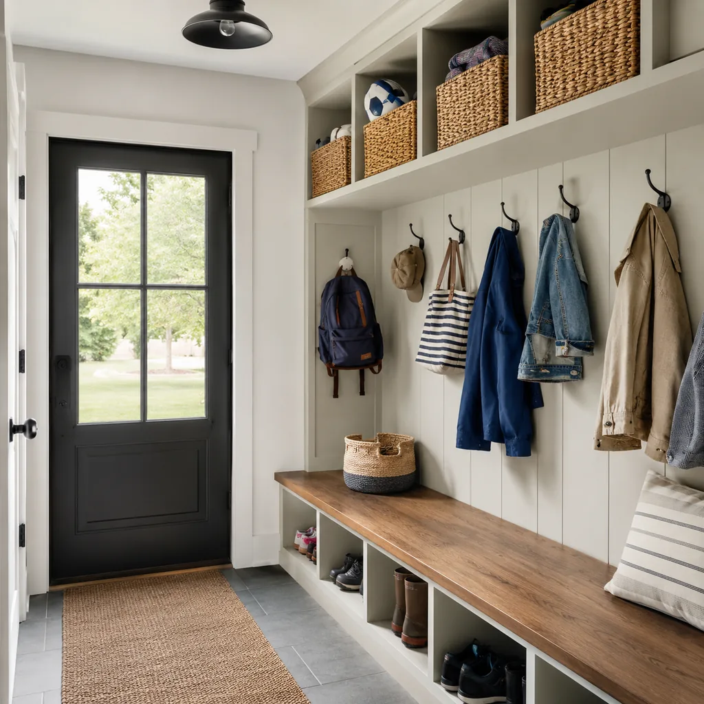 Realistic editorial photo of an American mudroom showing putting storage high for kids