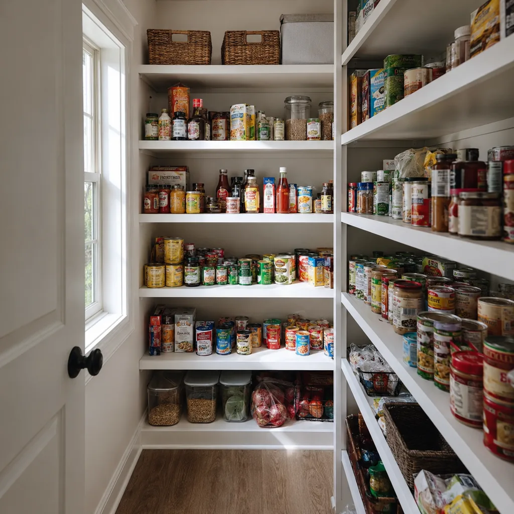 Realistic editorial photo of an American walk-in pantry showing ignoring can rotation