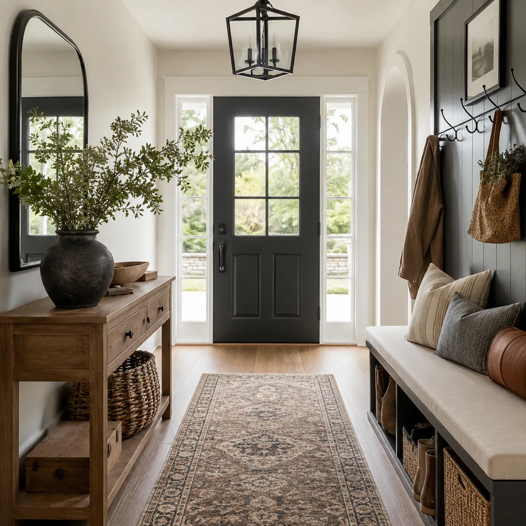 Realistic editorial photo of an entryway with console table, mirror, bench, hooks, rug, lighting, and storage showing decor choice that photographs and lives we
