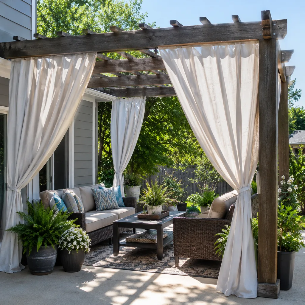 Realistic editorial photo of an outdoor patio with pergola curtains, seating, plants, fabric panels, and sunlight showing curtains used instead of real shade