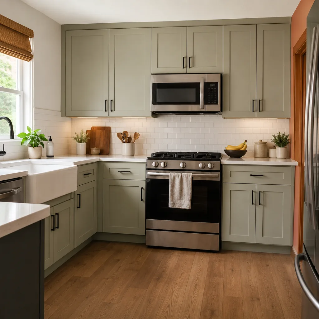 Realistic editorial photo of an updated kitchen with new counters, cabinets, backsplash, sink, hardware, and lingering dated details showing range wall with no 