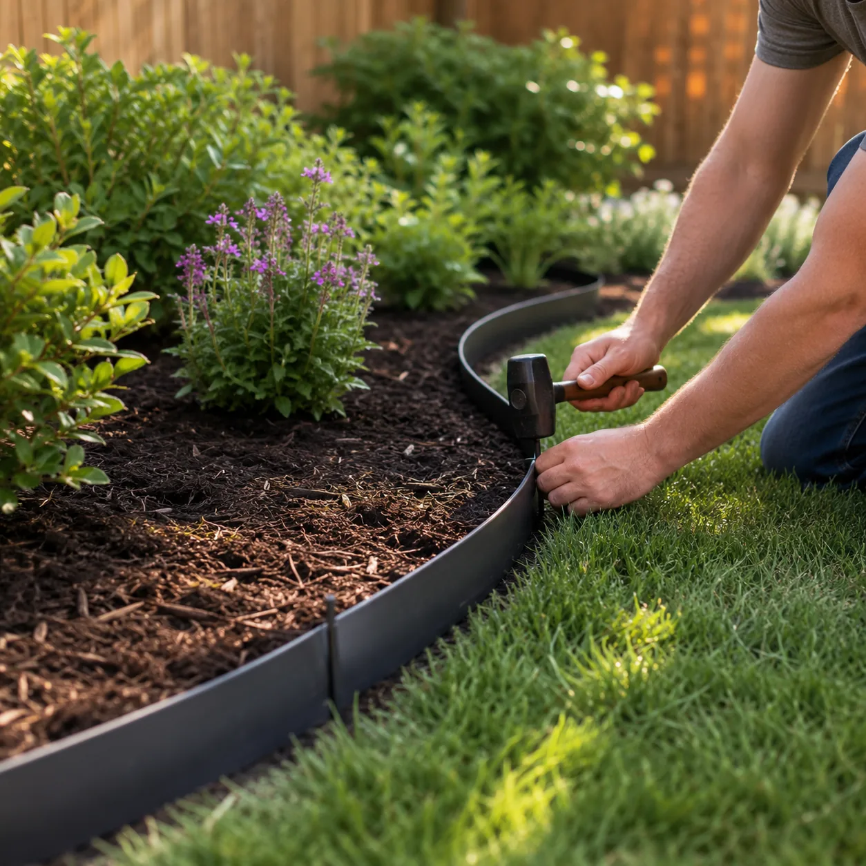 Realistic editorial photo of black mulch edging strip in budget backyard weekend upgrade, realistic editorial photo, nat