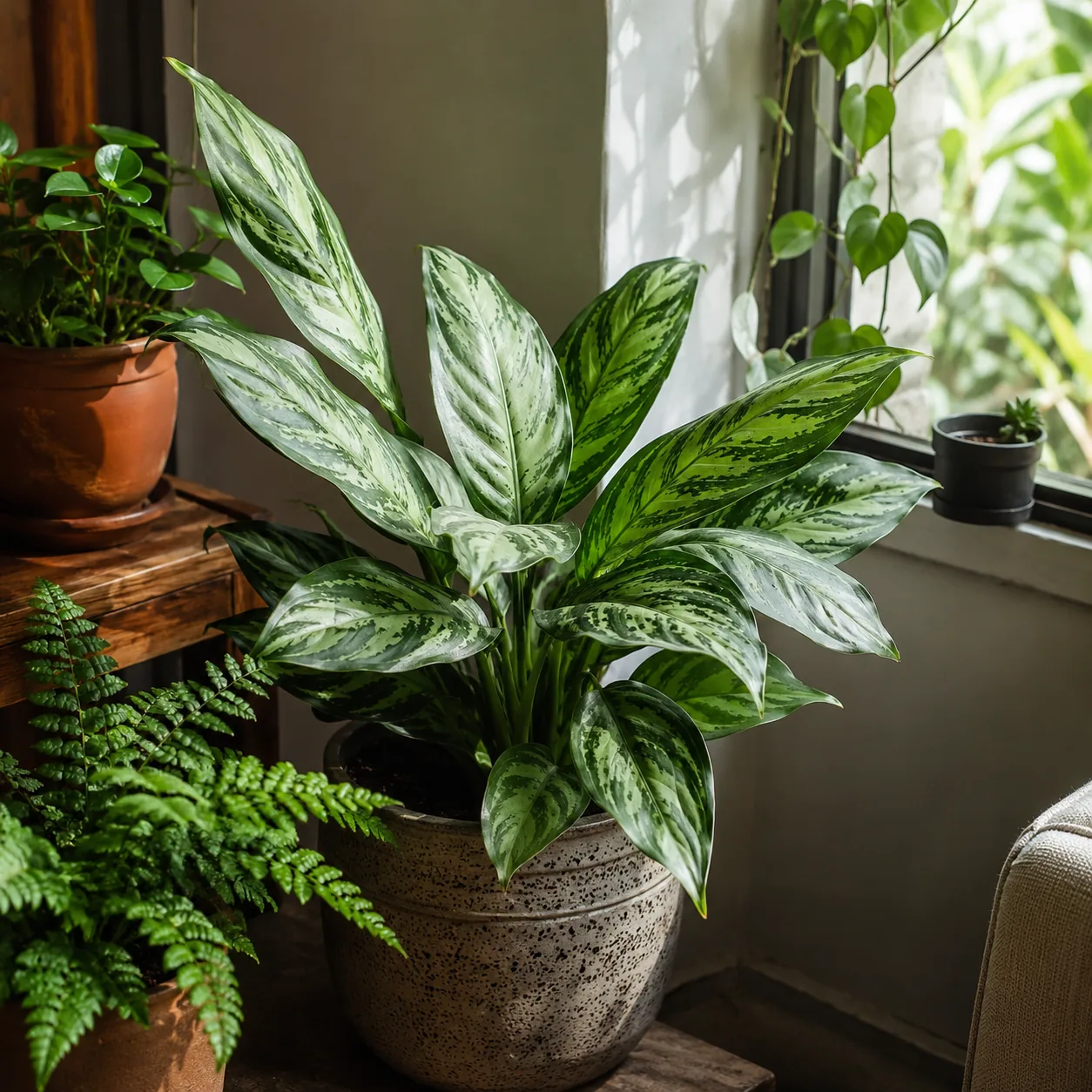 Realistic editorial photo of Chinese evergreen growing in low light room corner with houseplants near a window, realisti