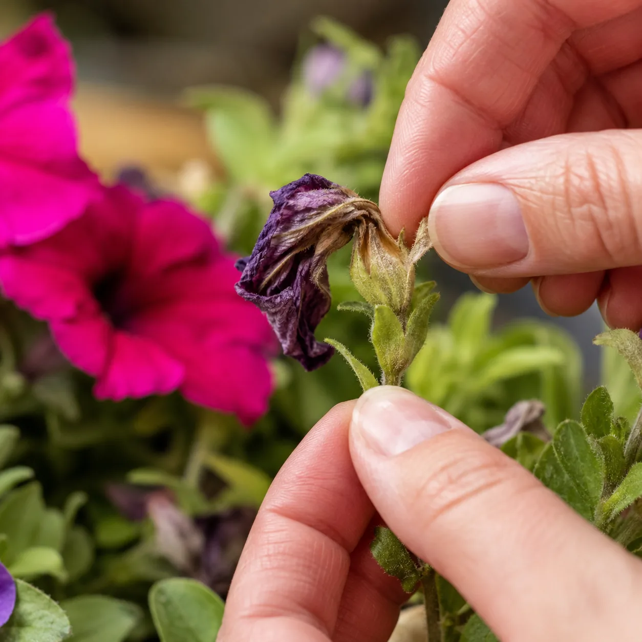 Realistic editorial photo of close up of spent petunia flower and seed pod being removed, warm natural light, practical 