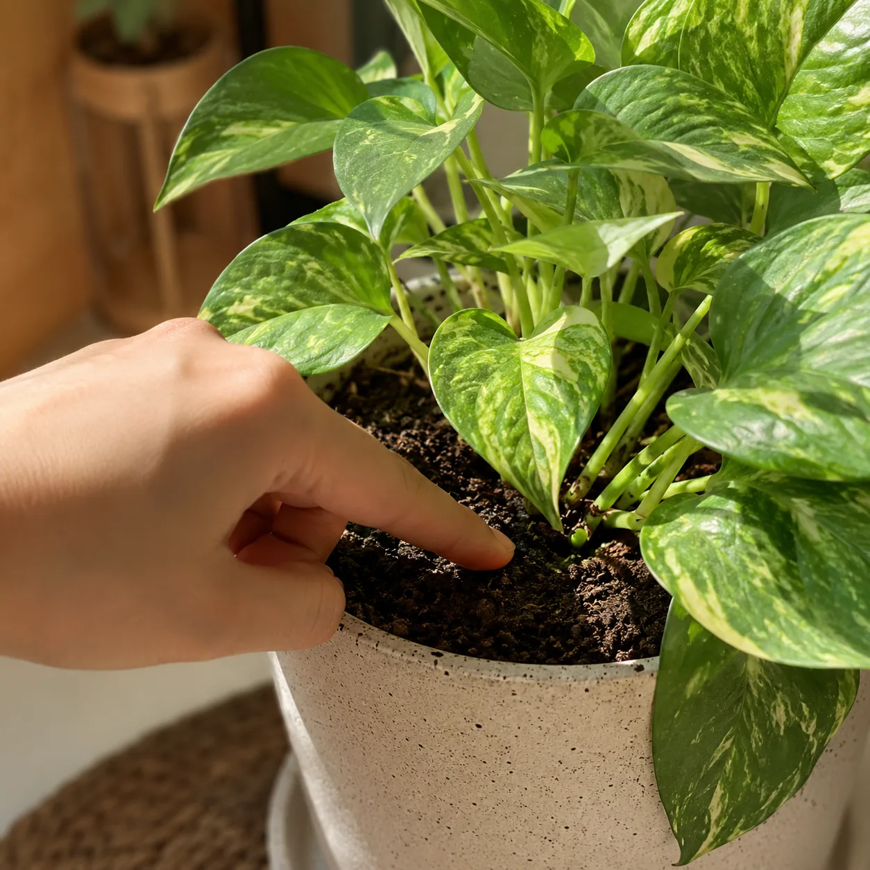 Realistic editorial photo of finger checking dry top inch of soil in a pothos pot, warm natural light, practical home ga