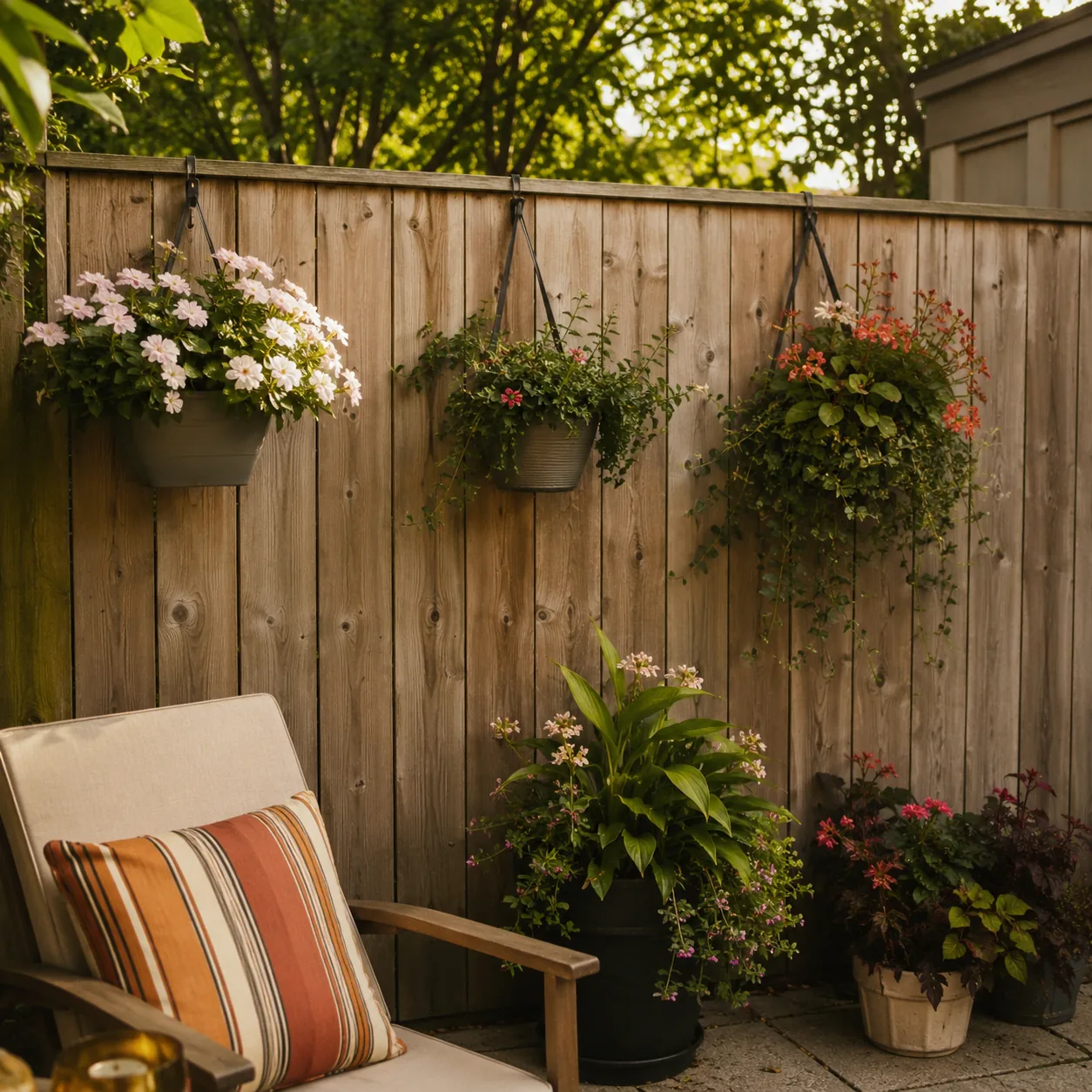 Realistic editorial photo of hang planters on fences in small fenced backyard, realistic editorial photo, natural light,