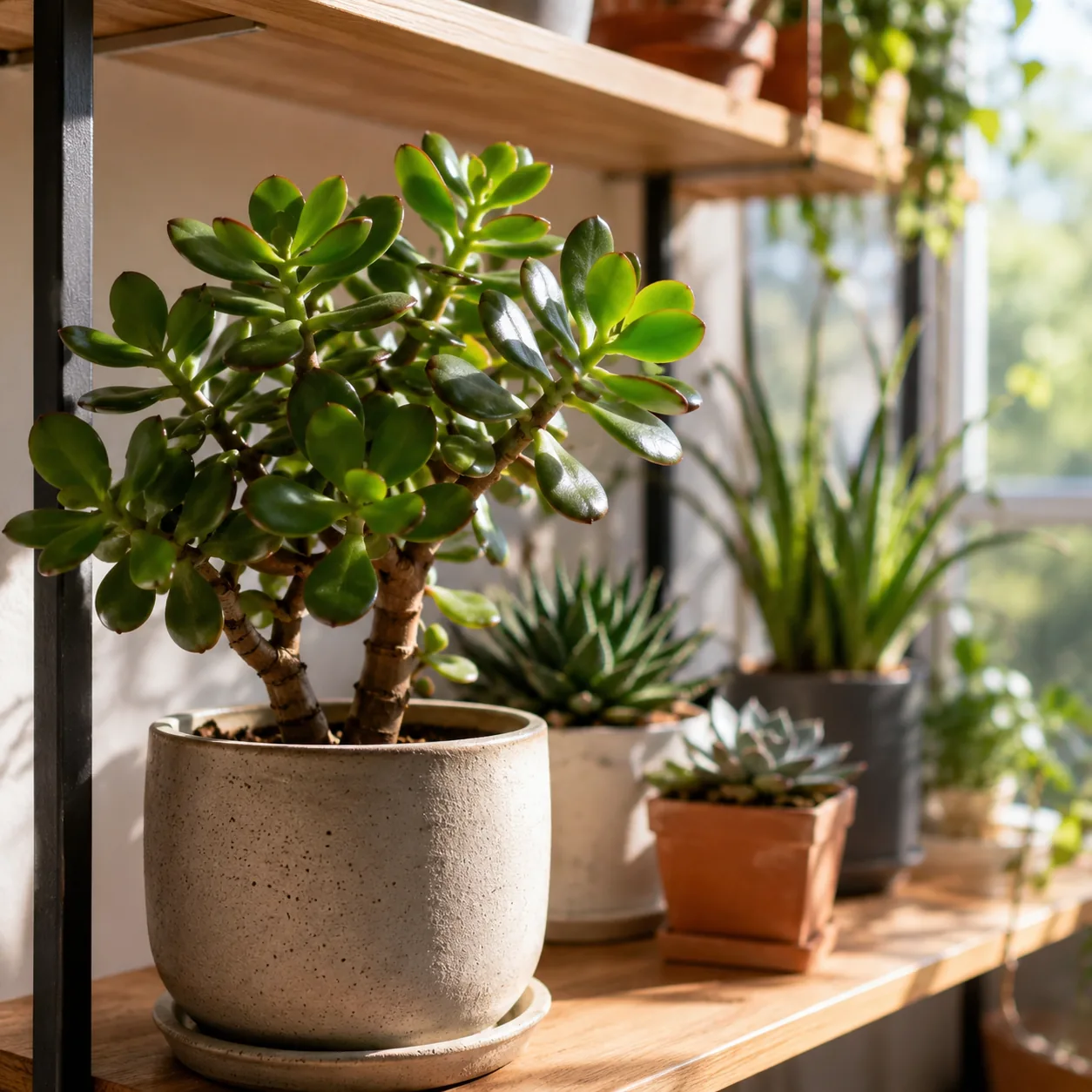 Realistic editorial photo of Jade plant growing in bright indoor shelf with low maintenance houseplants, realistic edito