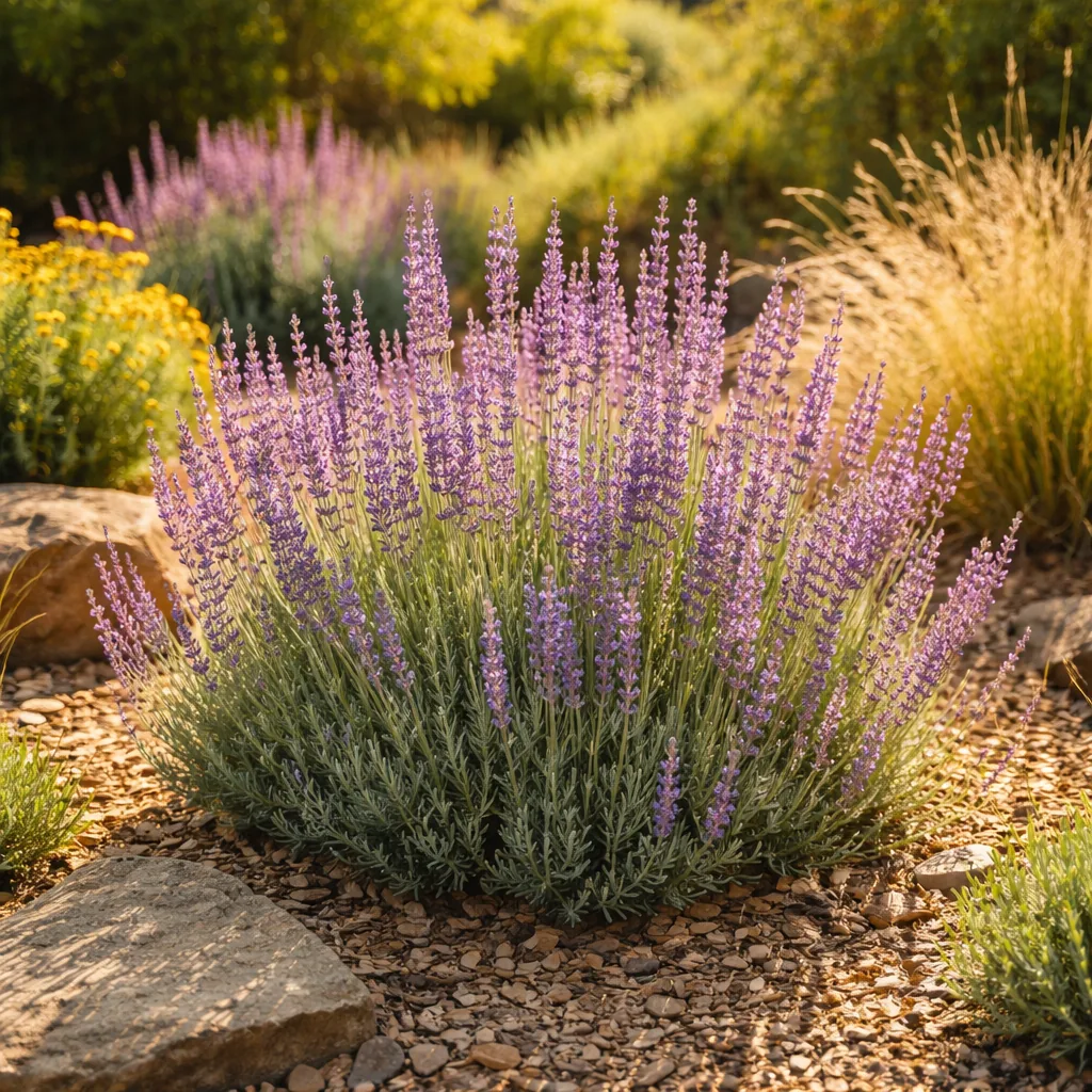 Realistic editorial photo of Lavender growing in sunny drought tolerant flower bed in summer heat, realistic editorial p