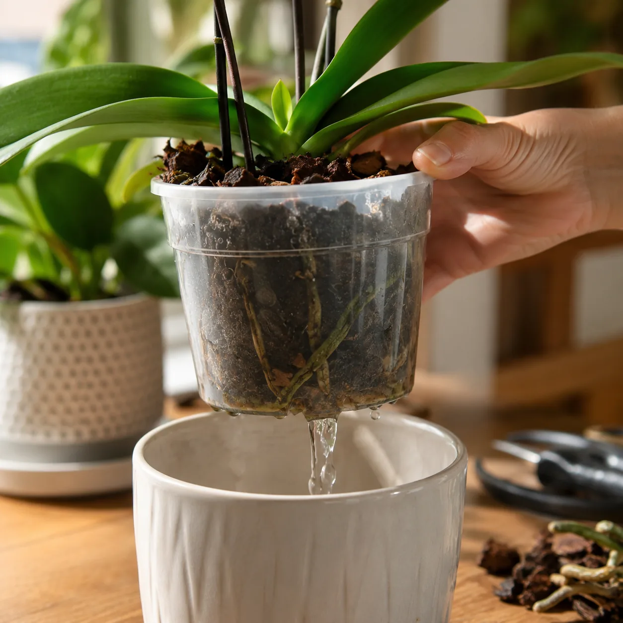 Realistic editorial photo of orchid nursery pot lifted from decorative pot with water being drained, warm natural light,