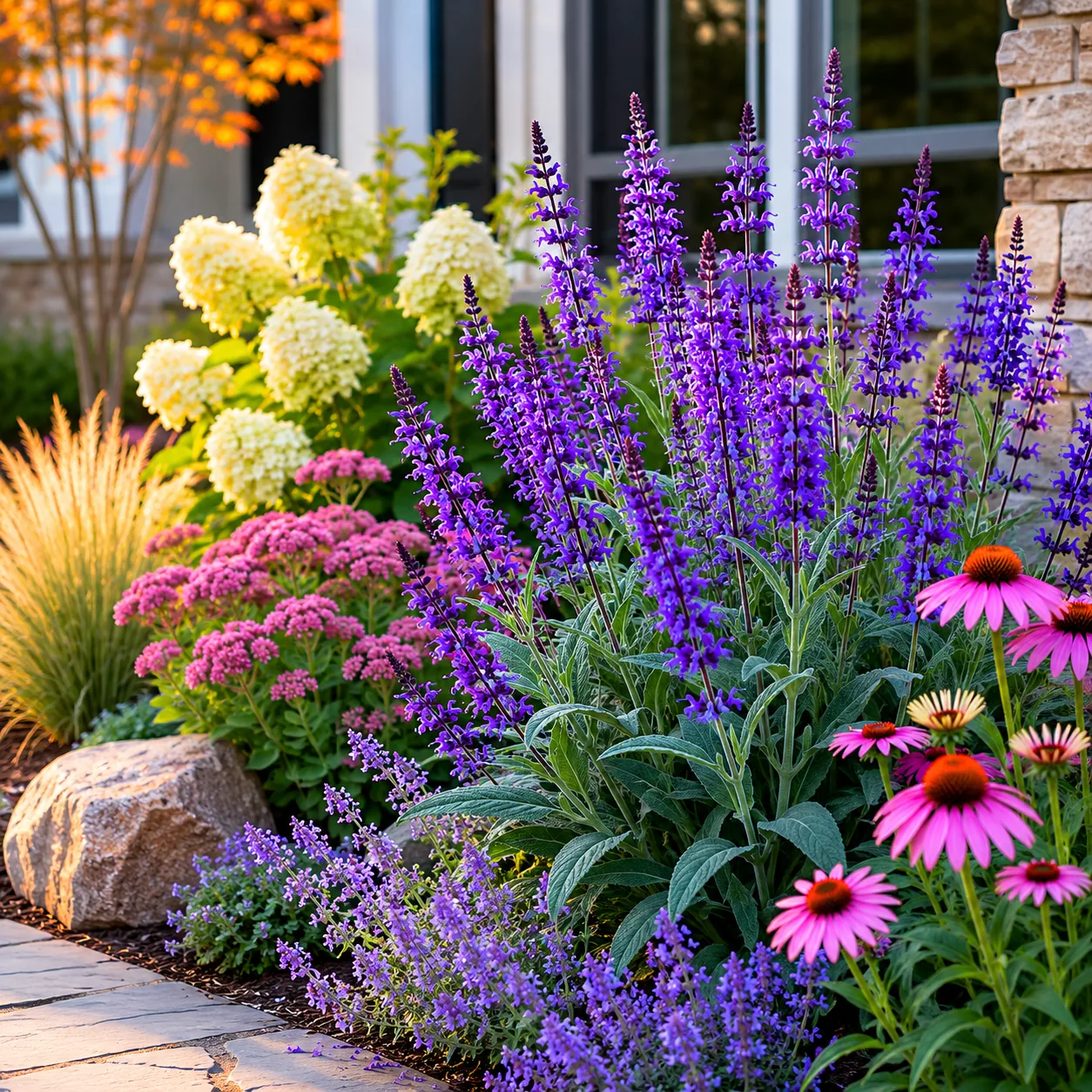 Realistic editorial photo of Salvia growing in front yard border with deer resistant flowering plants, realistic editori