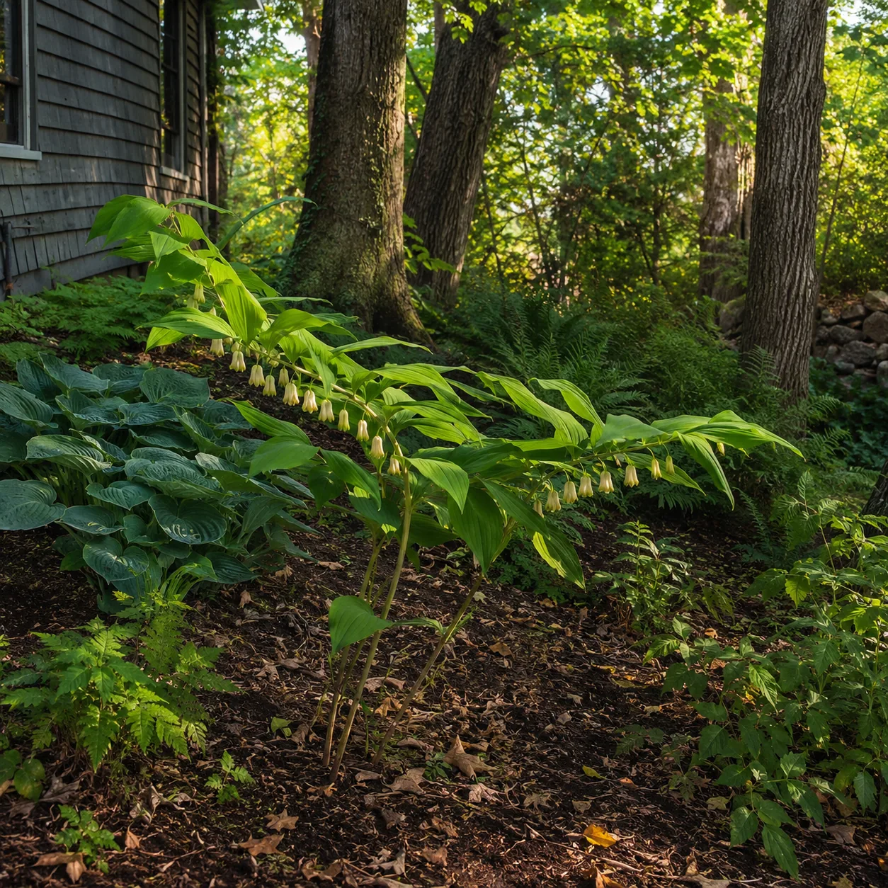 Realistic editorial photo of Solomon seal growing in dry shady side yard under mature trees planted with shade tolerant 