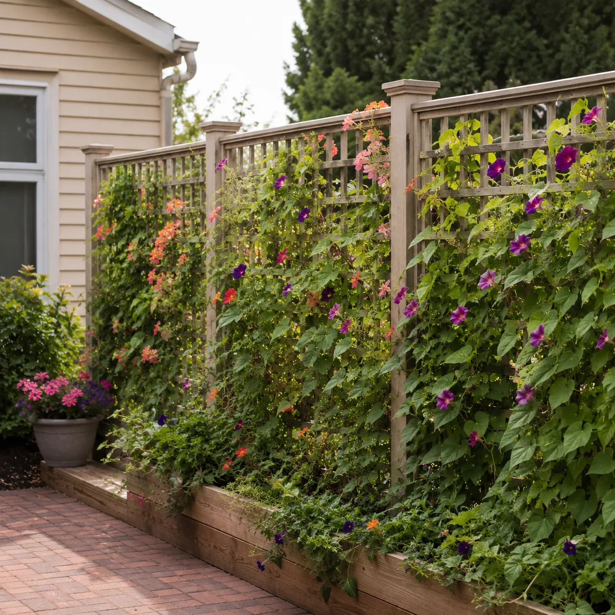 Realistic editorial photo of trellis with climbing annuals in an ordinary backyard needing privacy, realistic editorial 
