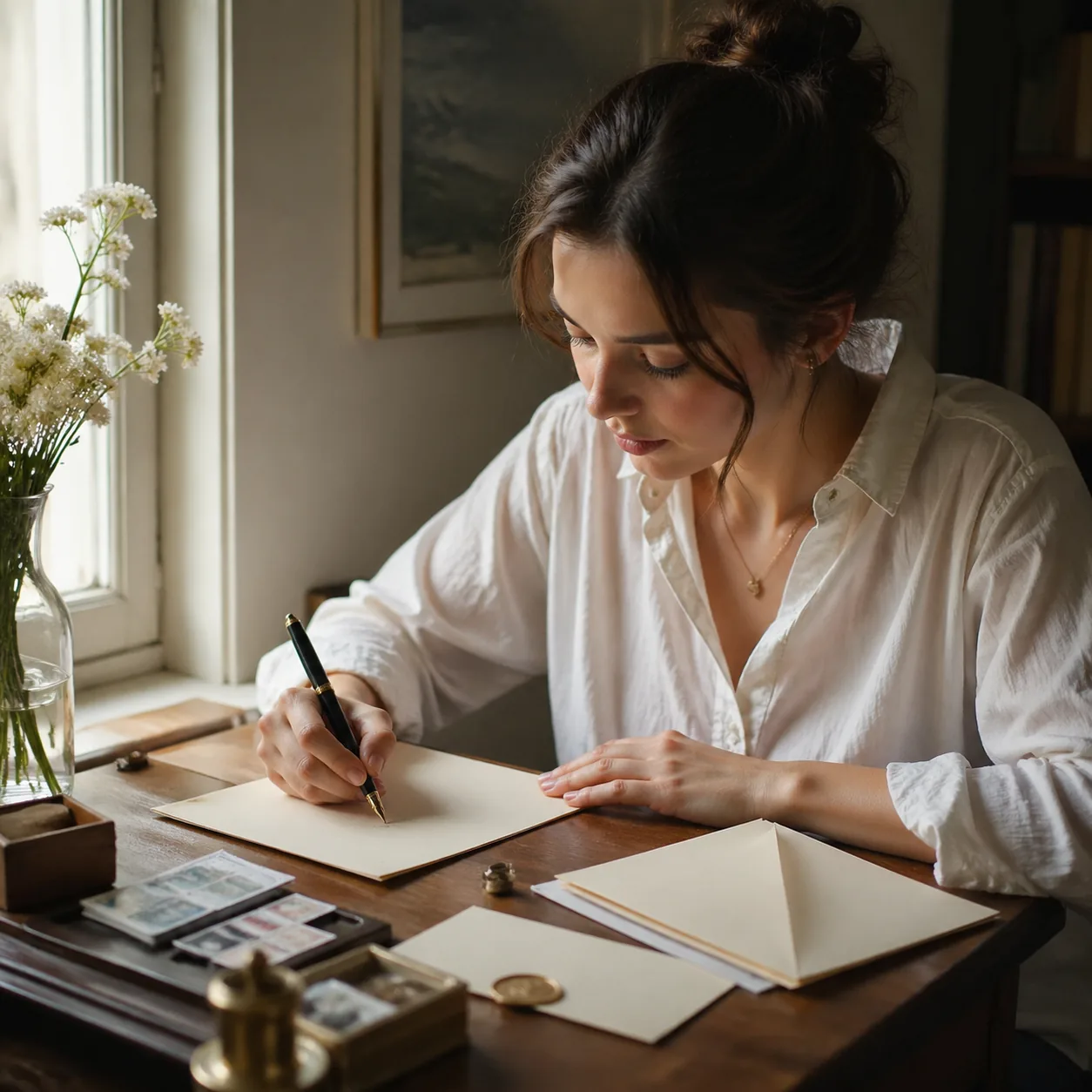Sentimental editorial photo of a young woman seated at a small writing desk handwriting a thank-you note on cream statio