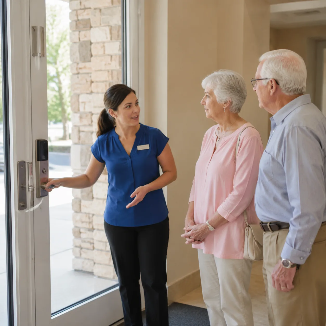 assisted living staff explaining secured door system to family, realistic editorial lifestyle photography for Americans 