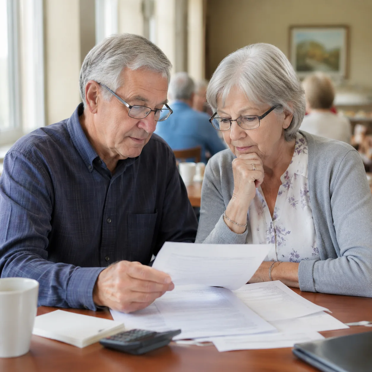 older couple at community dining room table reviewing monthly minimum charge, realistic editorial lifestyle photography 