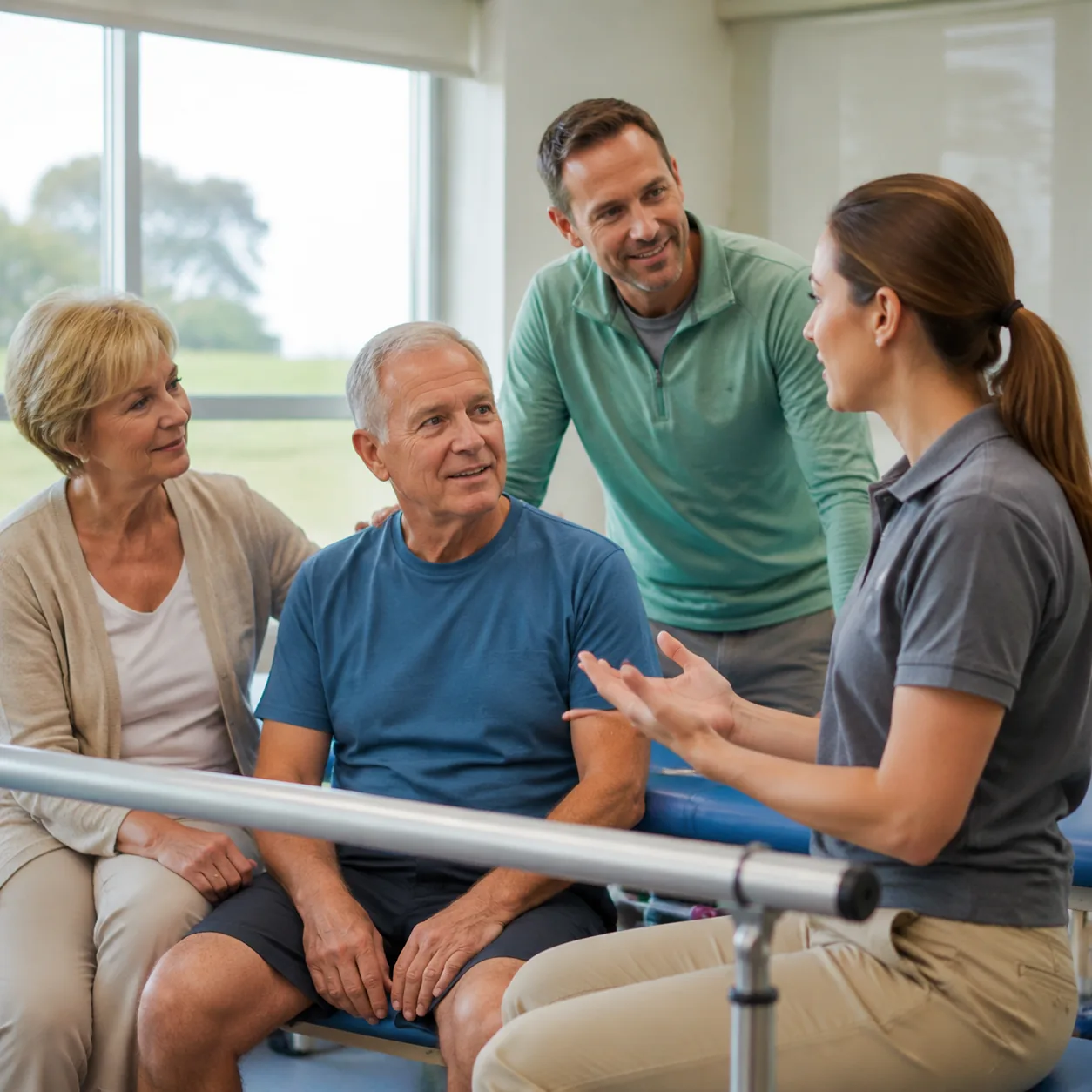 physical therapist speaking with older resident in assisted living therapy room while family observes, realistic editori