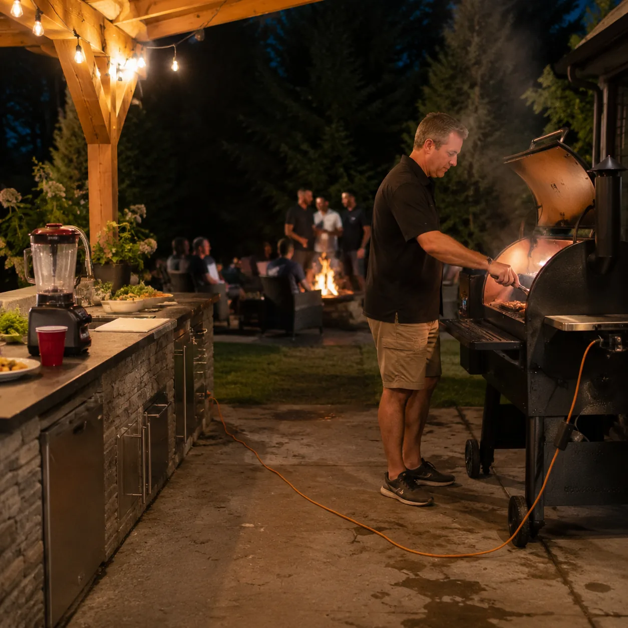 Realistic editorial backyard barbecue kitchen with a long extension cord running awkwardly to a pellet grill and blender
