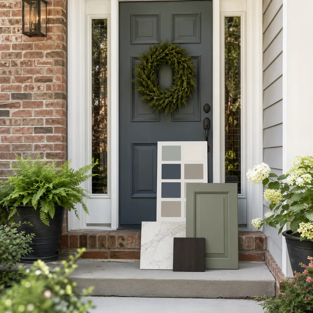 Realistic editorial photo of a front entry with door paint samples, brick, siding, plants, and trim showing cabinet paint fighting the countertop